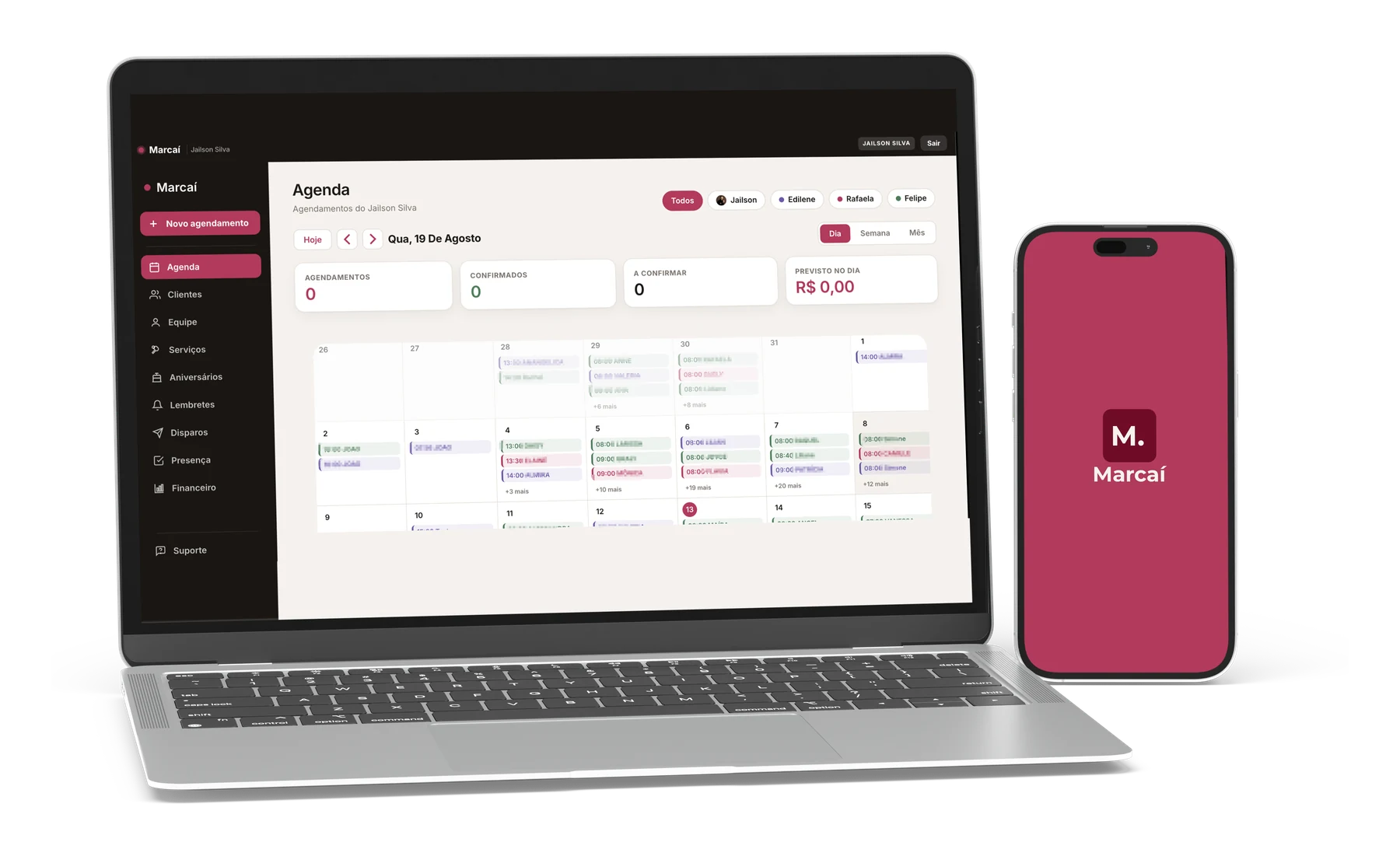 Telas do sistema Marcaí — agenda no desktop e app mobile